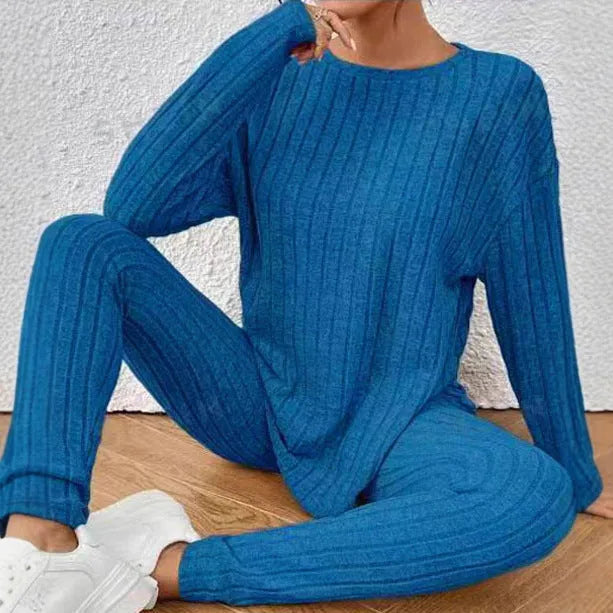 Sunken stripe fashion casual polyester two-piece homewear set in black or blue colours