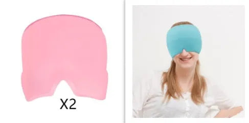 Black elastic cloth gel cold therapy eye mask for headache relief on grey background.