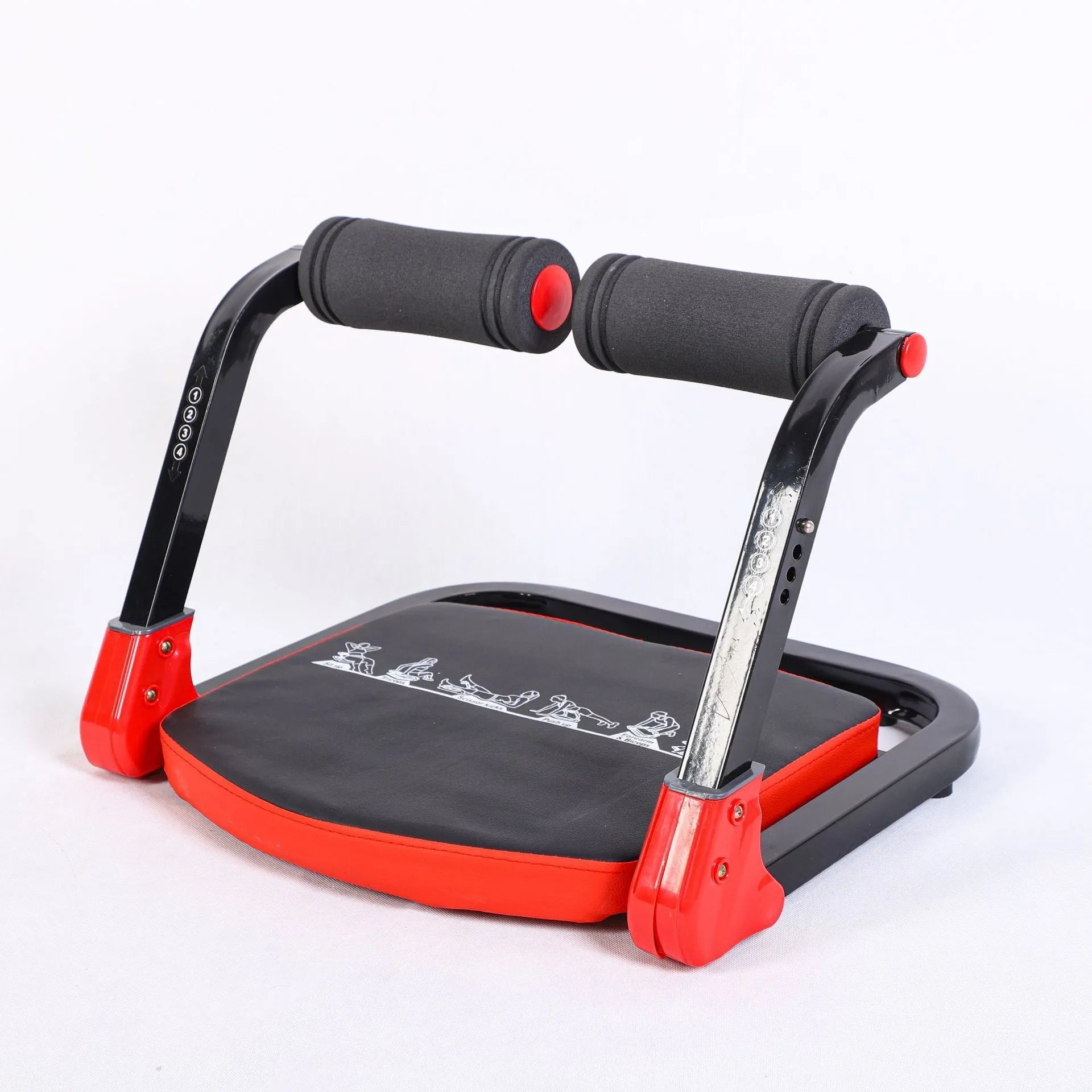 Sky blue and red coloured mini multifunctional abdominal fitness device on a white background.