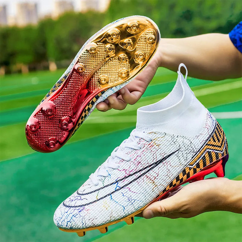 Men's high-top football shoes with gold plated sole in white, black, and mandarin duck colours.