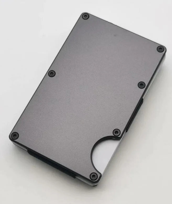 Carbon fibre credit card wallet in aluminium alloy grey colour showing card slots