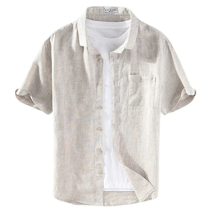 Casual linen shirt with a square collar and short sleeves in raw jute colour.