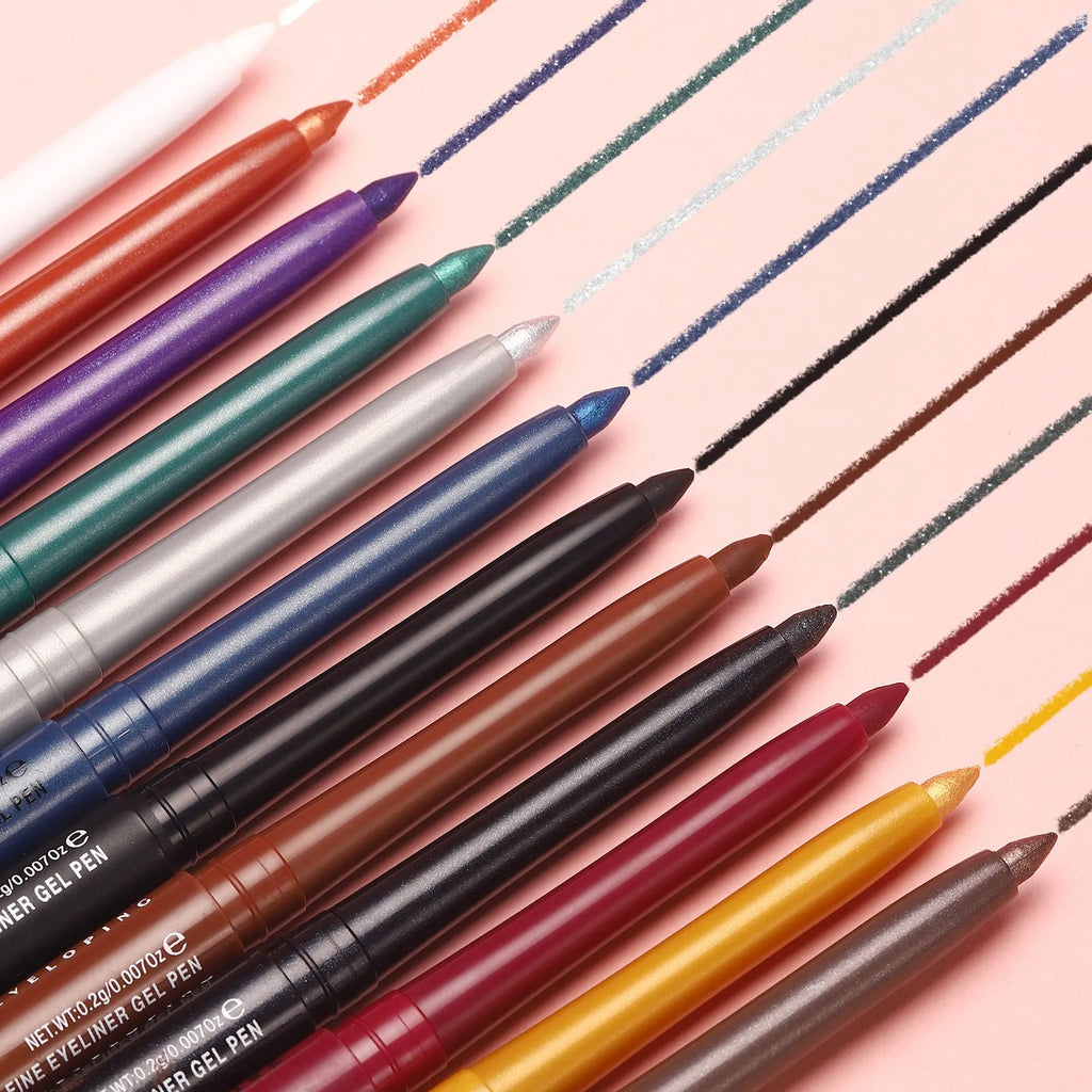 12 colourful gel glitter eyeliner pencils in vibrant shades including matte, glitter, metallic and pearl effects