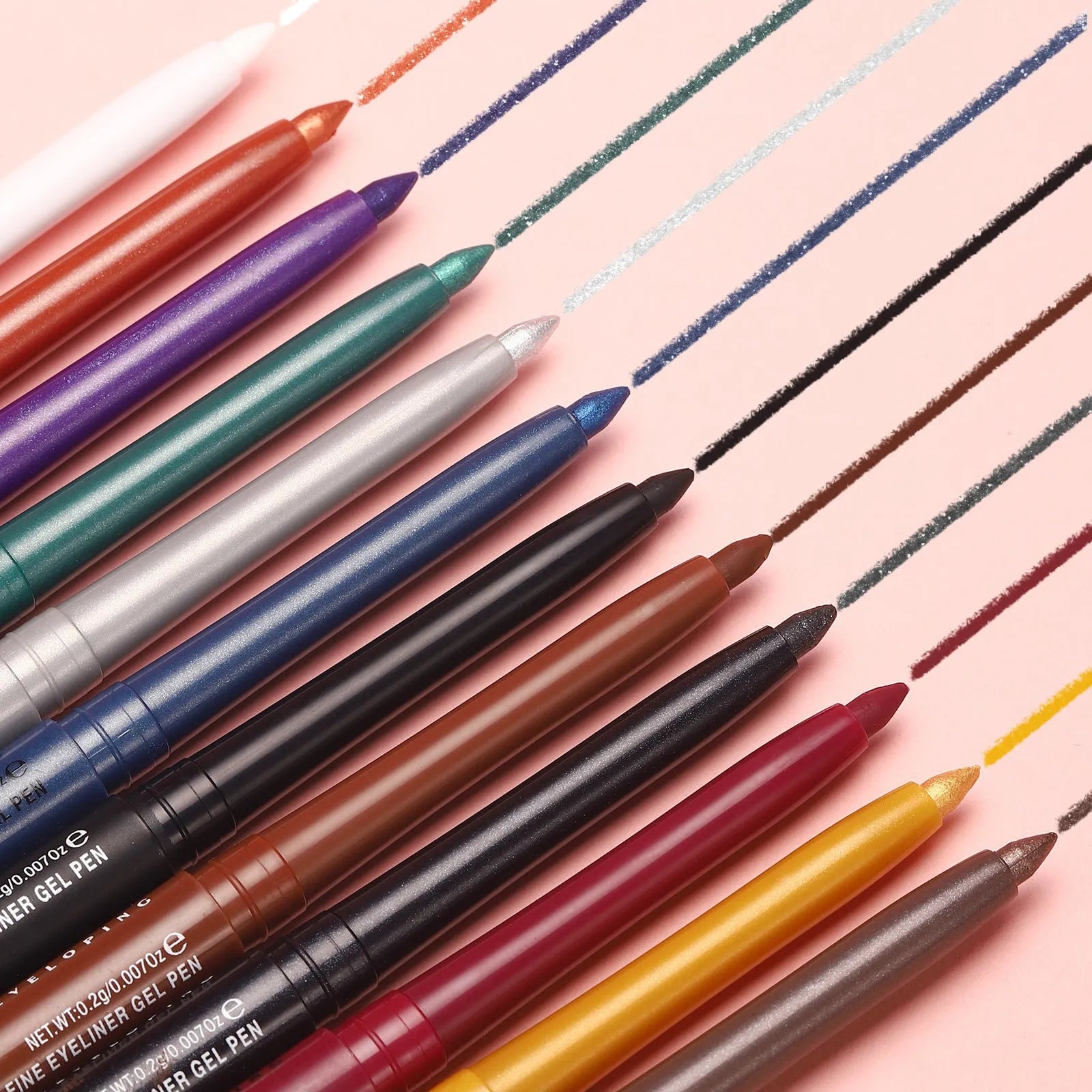12 colourful gel glitter eyeliner pencils in vibrant shades including matte, glitter, metallic and pearl effects