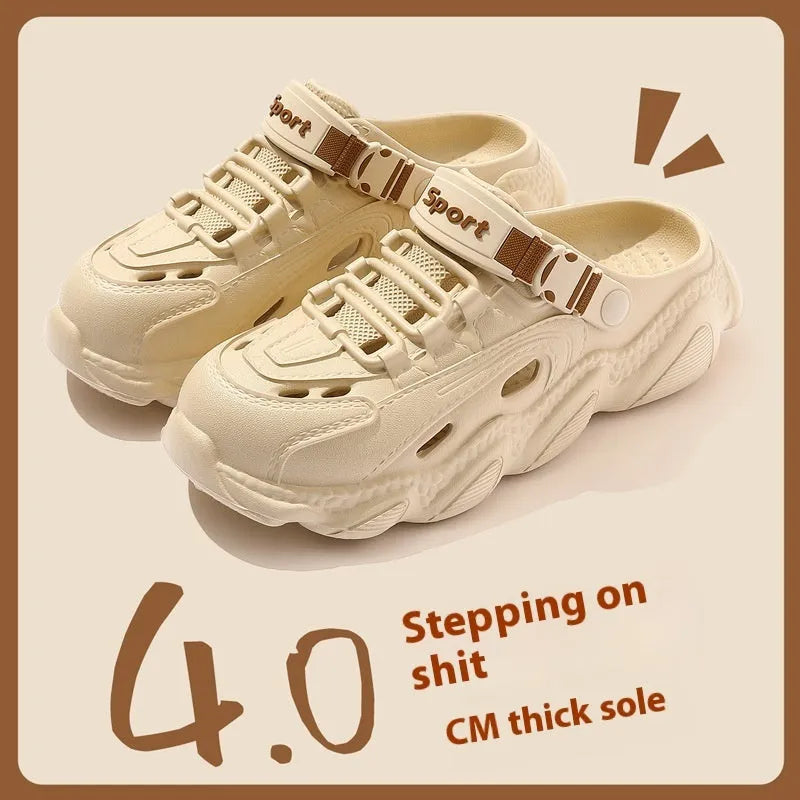 Men's khaki summer outdoor slippers with hollow-out breathable design and non-slip EVA sole