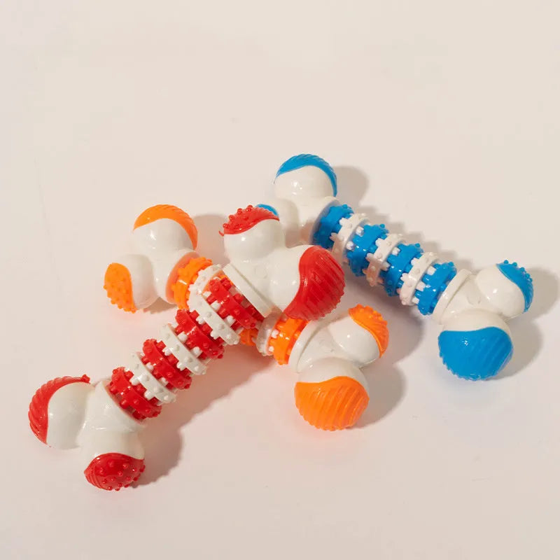 Blue bone shaped interactive dog chew toy with a treat holder in the centre for small breed dogs