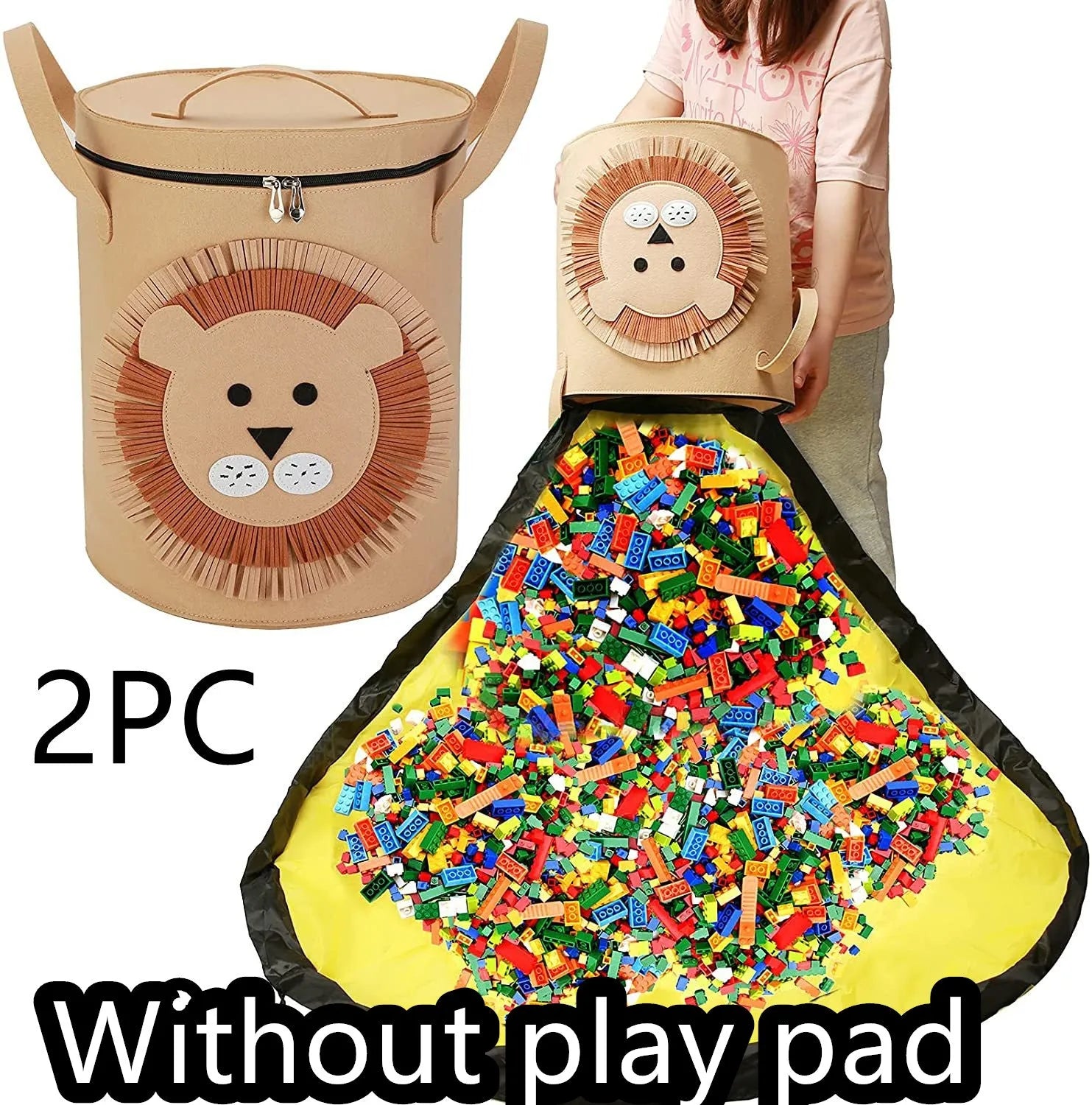 Green felt cube storage bag with pull rope shown as both toy container and play mat
