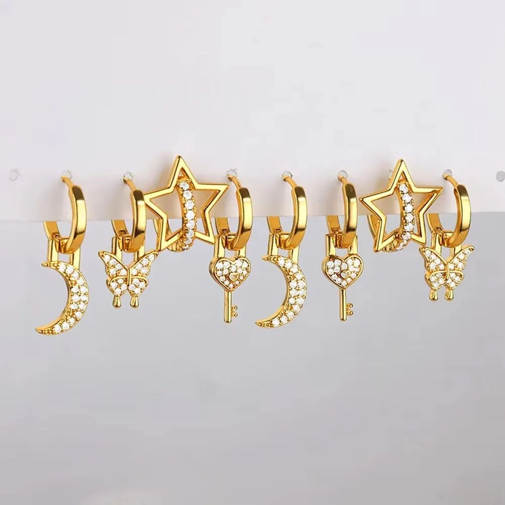 Geometric butterfly earrings for women in copper alloy with heart, bow, and star shapes.