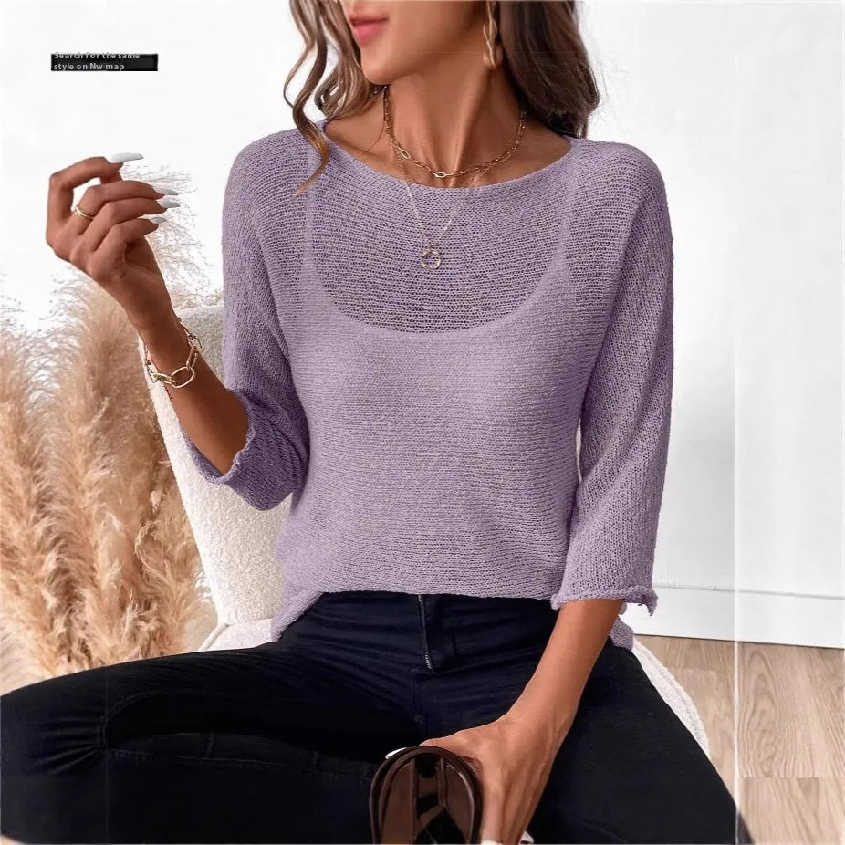 Women's off-shoulder knitted pullover top with 3/4 sleeves in thin polyester fabric