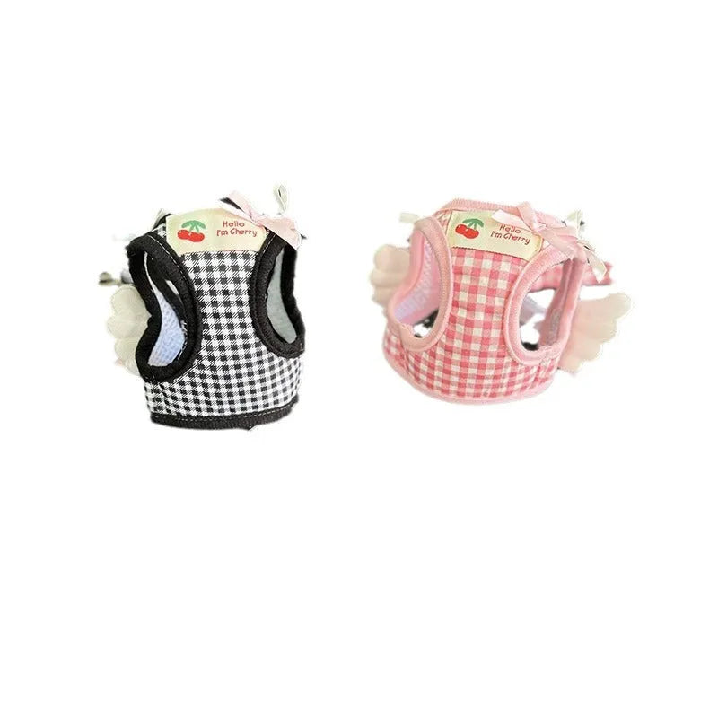 Small dog harness with chest and back attachments and cotton hand-holding rope in pink or black colours