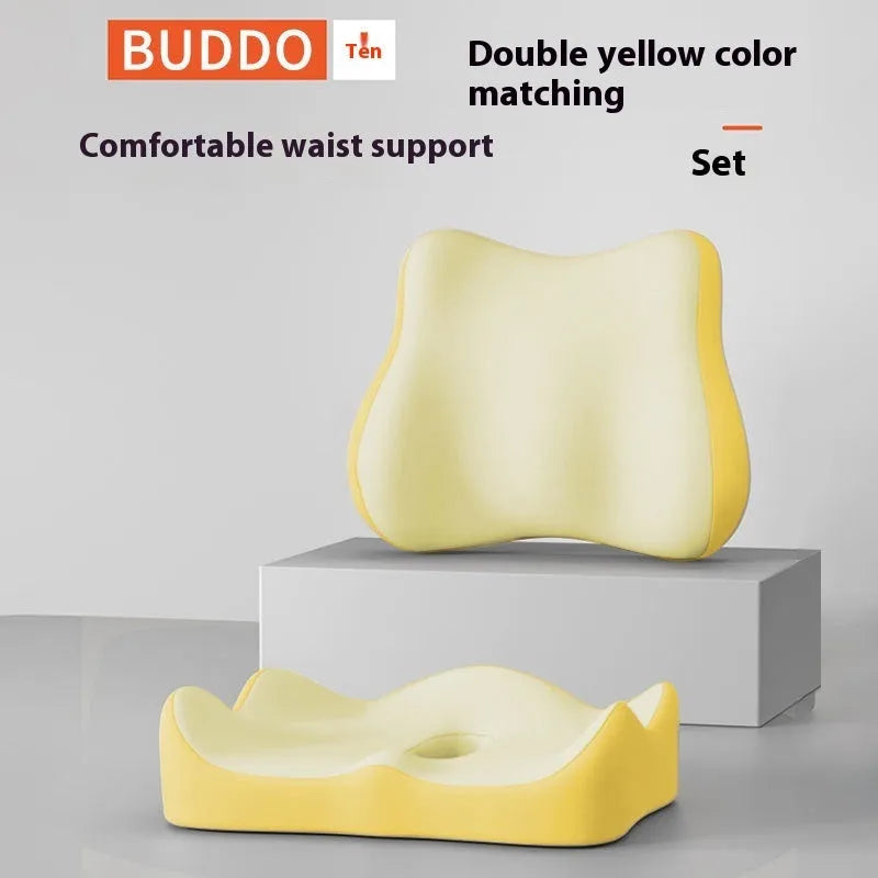 Memory foam waist rest seat cushion for office chairs shown in blue and grey colour combination