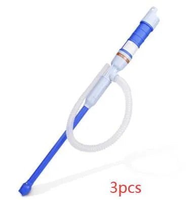 Blue manual hand siphon pump for transferring fuel and liquids.