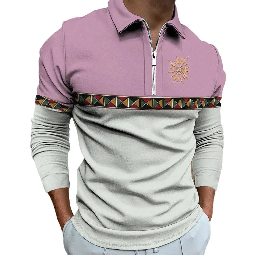 Man wearing a loose-fit long sleeve retro print t-shirt with striped and zipper decorations.