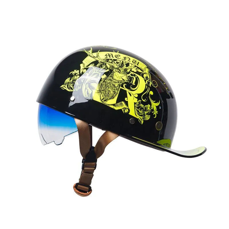 Retro-style electric bicycle half helmet for men in bright black with a gradient blue lens.