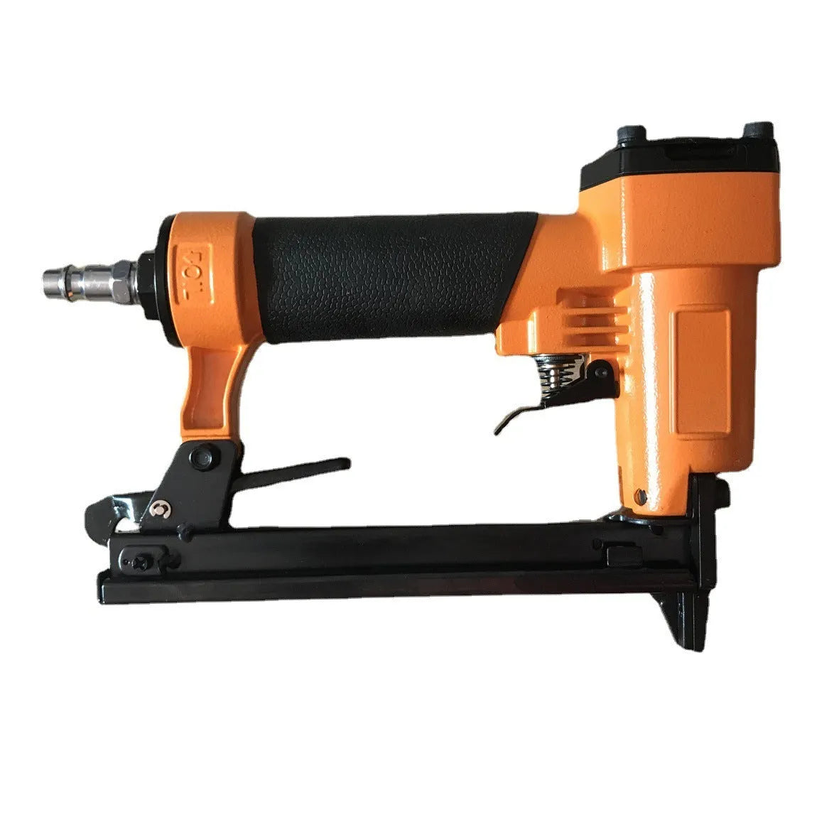 Blue and yellow U-type pneumatic strip nail gun with American connector for furniture and interior work.
