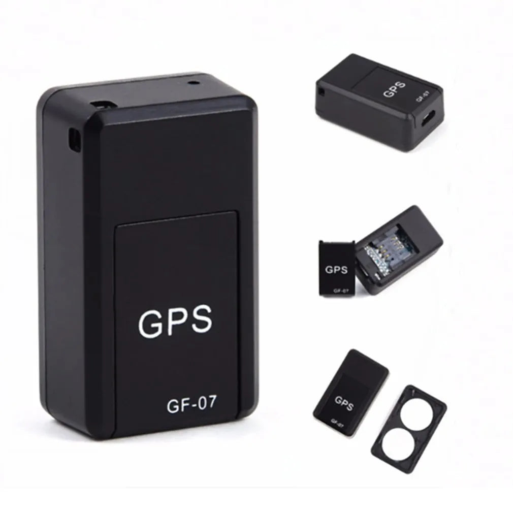 Black mini magnetic GPS car tracker device with dimensions 35x20x14mm