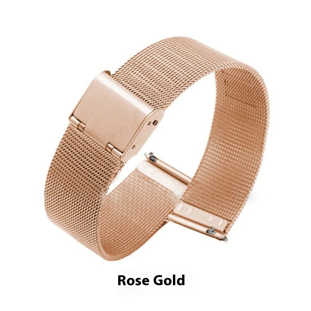 Milani silk woven stainless steel watch band in silver, black, rose gold and gold colours showing texture.