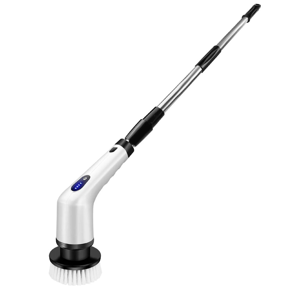 White lithium rechargeable handheld cleaning ball with brush and accessories on a white background.