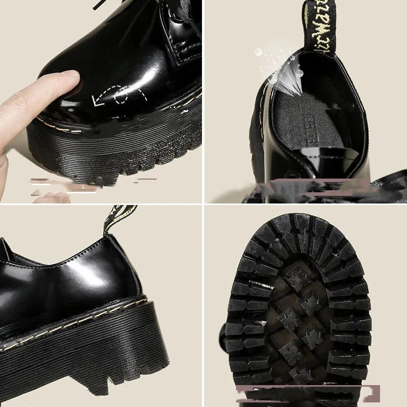 Women's thick soled leather shoes with ribbon cross straps and lace closure in black or white