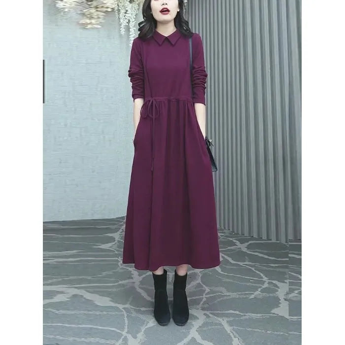 Purplish red women's long sleeve maxi dress with urban style design for autumn and winter wear