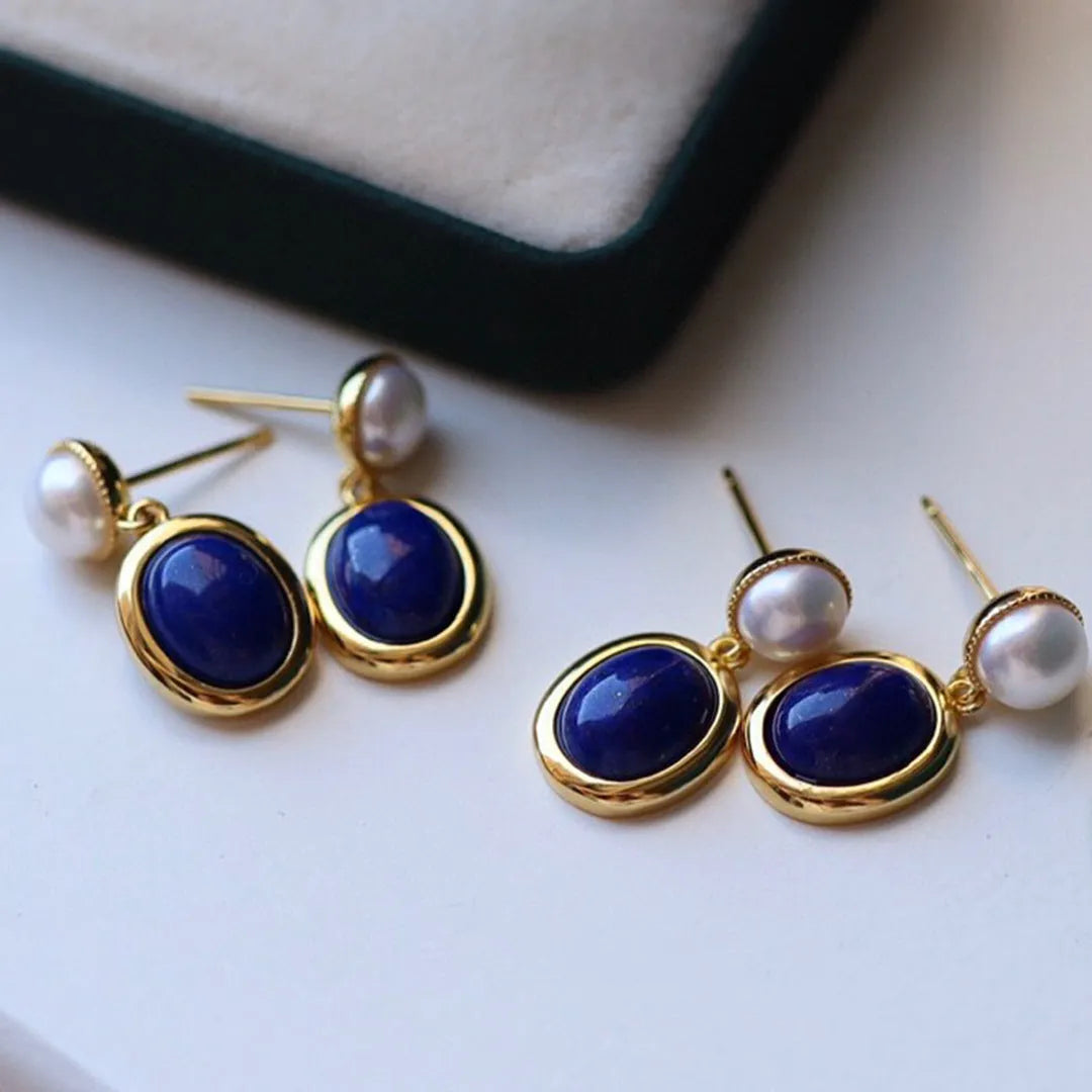 Lapis lazuli pearl sterling silver earrings with 925 purity and simple style