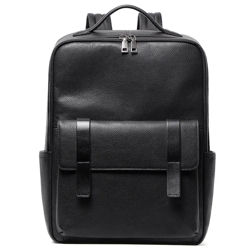 Men's large capacity leather computer backpack in black with woven detailing
