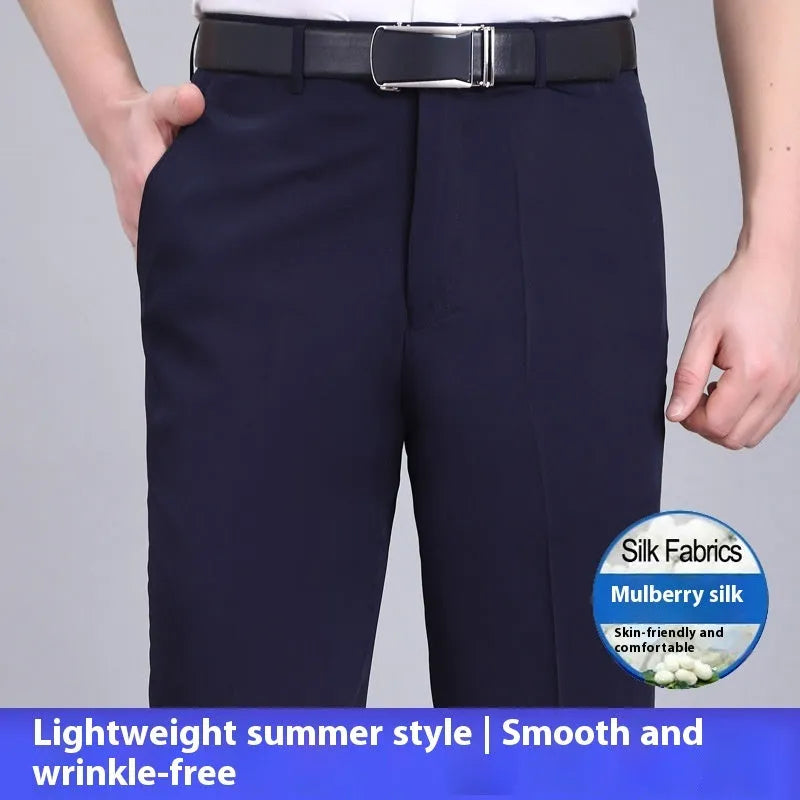 Men's straight fit mulberry silk blend business trousers with high waist in dark blue colour
