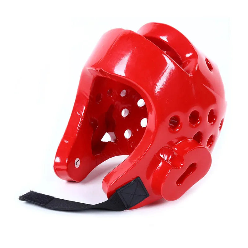 Karate and taekwondo protective gear set with leg guard, helmet, and boxing gloves in red or blue
