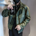 Korean style men's PU leather jacket in black or green with straight hem design and side pockets