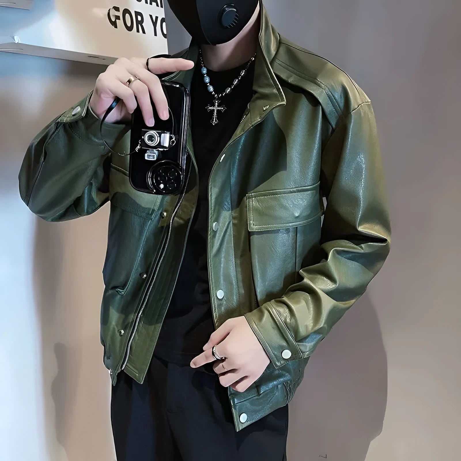 Korean style men's PU leather jacket in black or green with straight hem design and side pockets