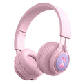 Wireless RGB LED headphones for children in bunny pink with lights illuminated