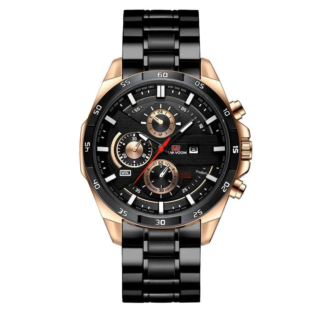 Men's casual quartz watch with business calendar on brown leather-look strap and white dial.