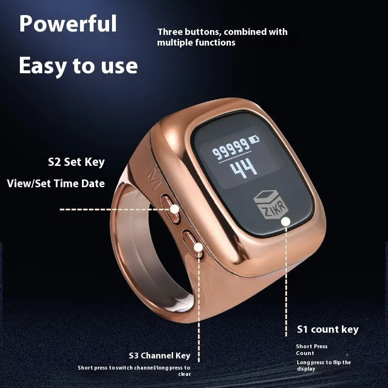 Al-Fatiha electronic zikr counter with digital display on a wristband, shown in rose gold colour.
