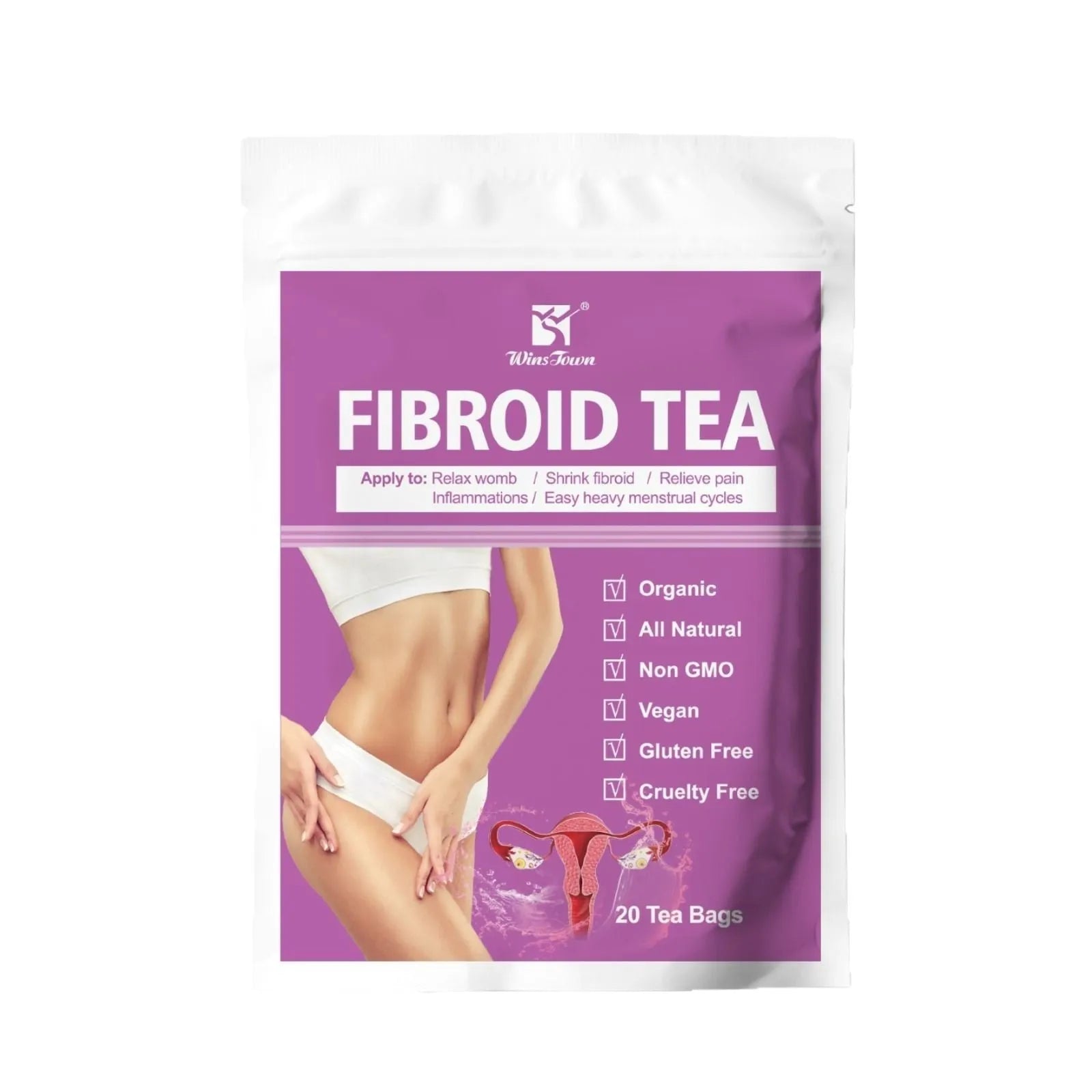 Pack of C83 Winstown Fibroid Herbal Tea bags with cold extract and sugar content labelling