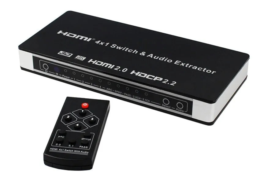 Black HDMI switch with four inputs one output remote control for 4K video switching