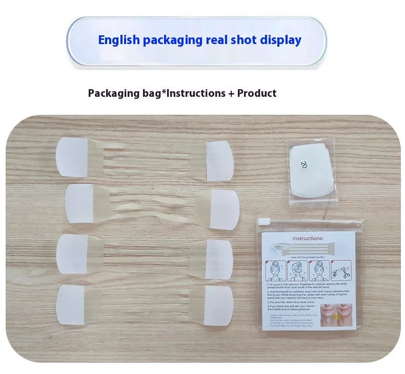 Skin colour neck firming adhesive tape set with four slings and twenty patches.