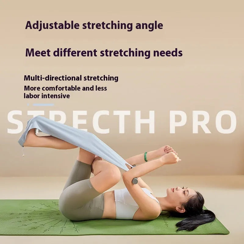 Grey and pink yoga stretching tool for shoulder, back and hip flexibility.