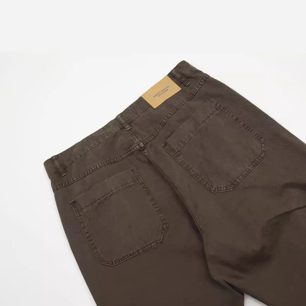 Men's brown straight-leg cotton trousers with high-waist design and zipper fly opening