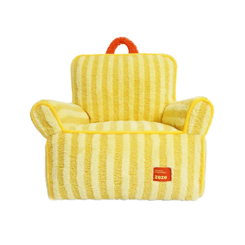Striped plush dog bed in yellow, orange or purple colours with removable washable design
