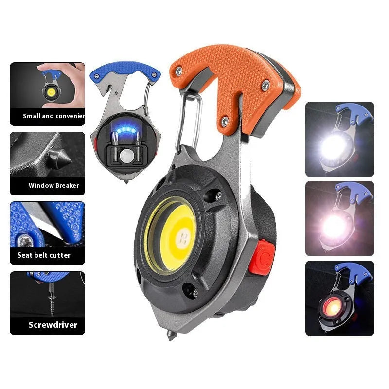 Compact multifunctional keychain torch showing COB light array, keyring, and built-in window breaker and screwdriver tools.