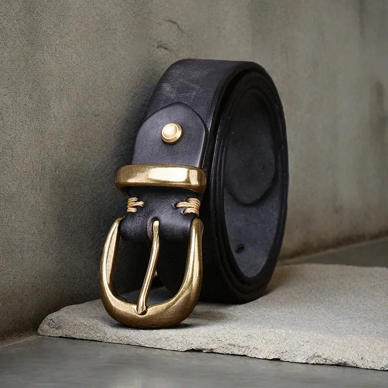 Men's casual belt in first layer cattlehide leather with copper pin buckle in black, brown, or khaki.