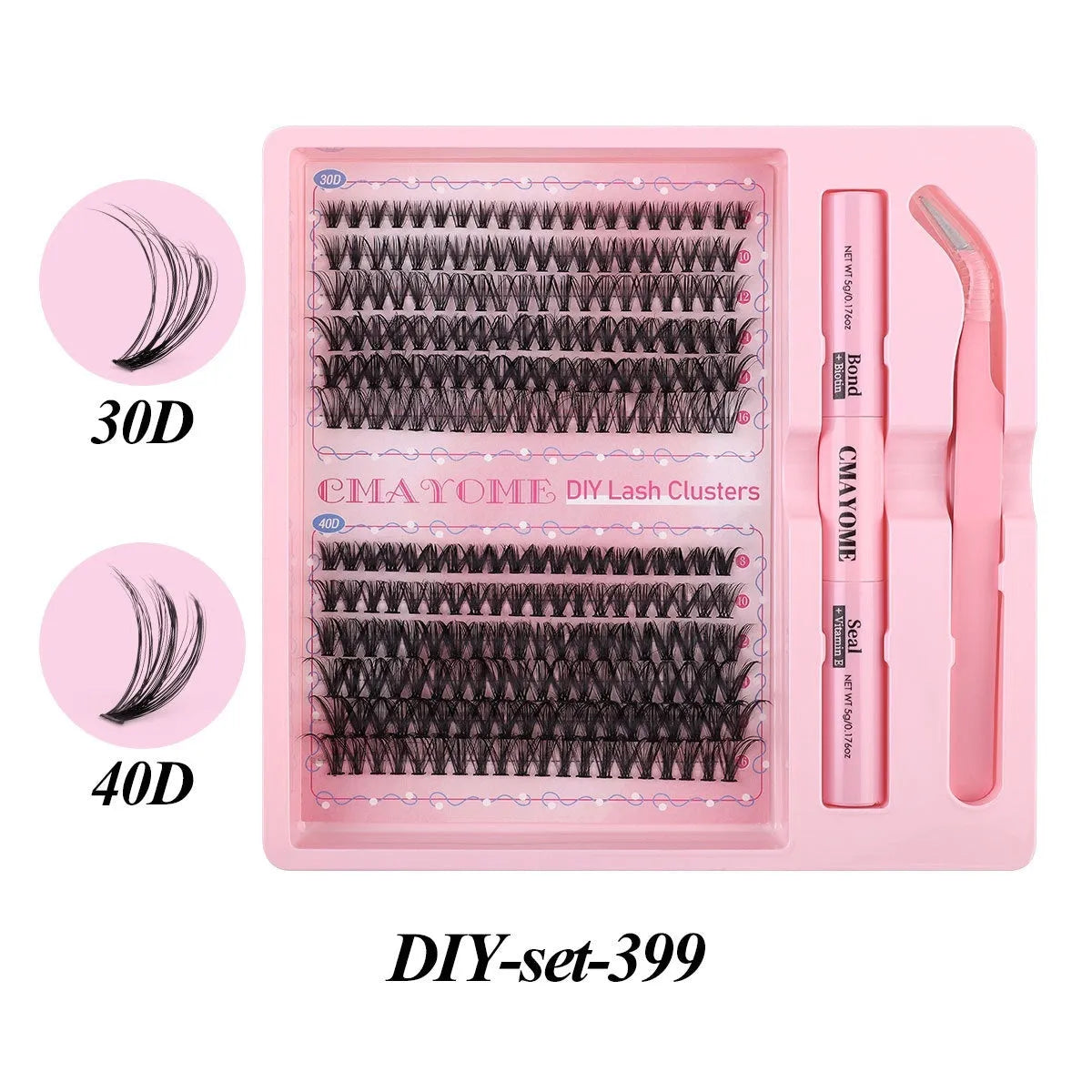 DIY single cluster individual false eyelashes set on white background, showing thick mixed split type artificial fibre lashes.