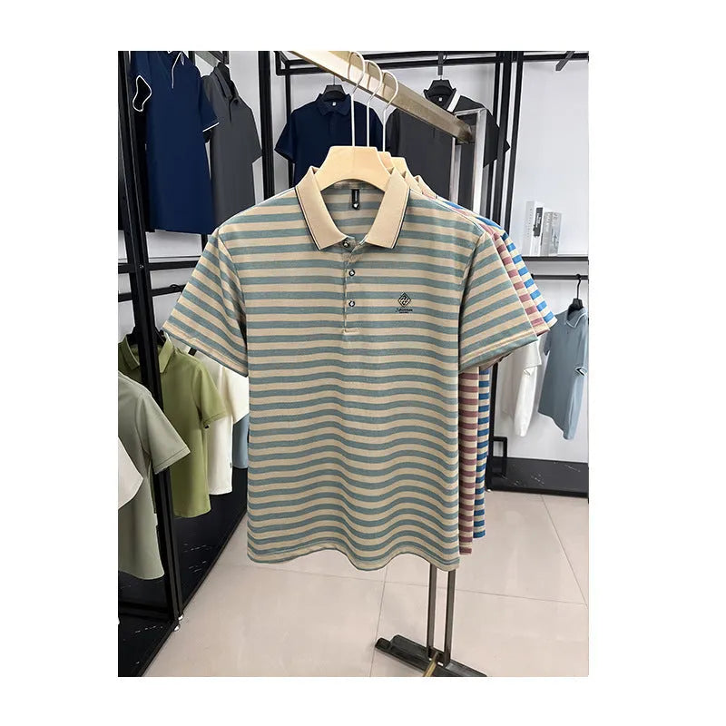 Men's striped mosaic pattern short sleeve casual t-shirt in red, blue, or green colour.