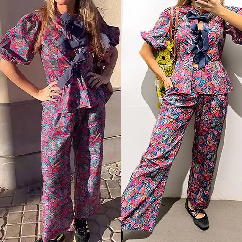 Women's floral printed tie-neck trousers suit with puff sleeves and straight-leg trousers