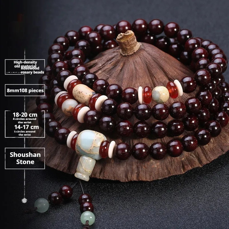 Men's rosewood 108 bead mala bracelet with a turquoise gemstone decorative centrepiece.