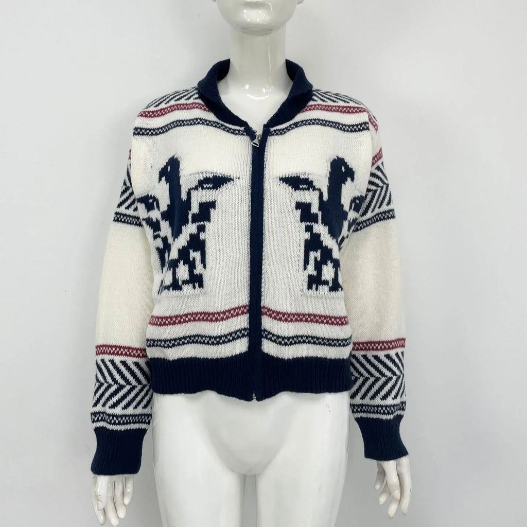 White women's wool cardigan with front zipper, lapel collar, and contrast stripe pattern