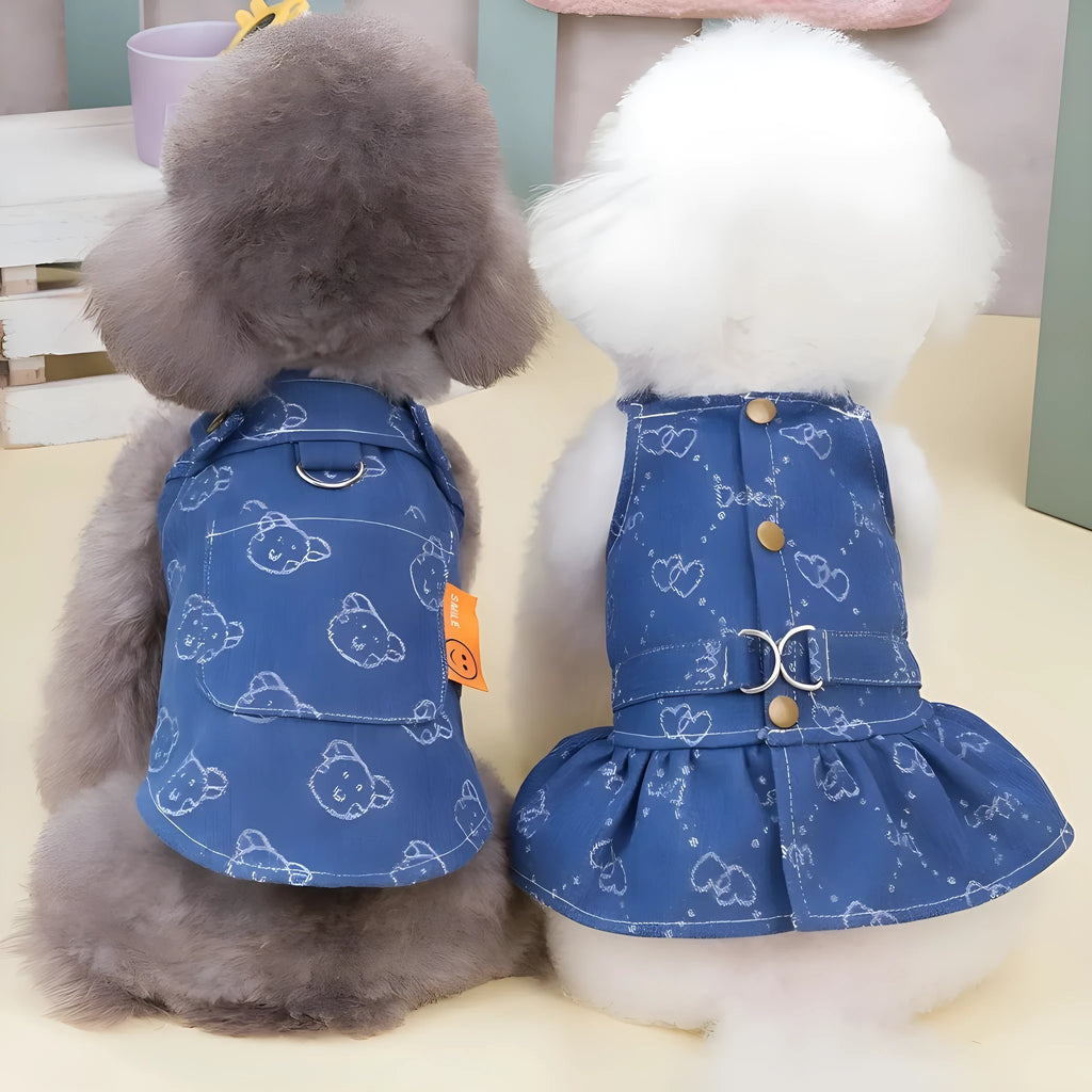 Denim blue princess dress for small dog with bracket skirt style on Bichon Frise