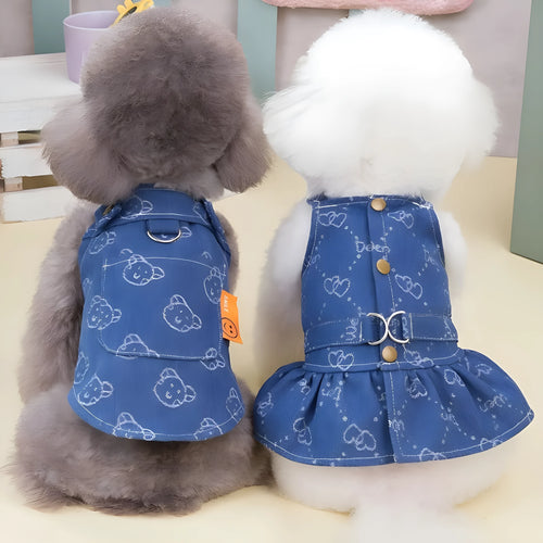 Denim blue princess dress for small dog with bracket skirt style on Bichon Frise