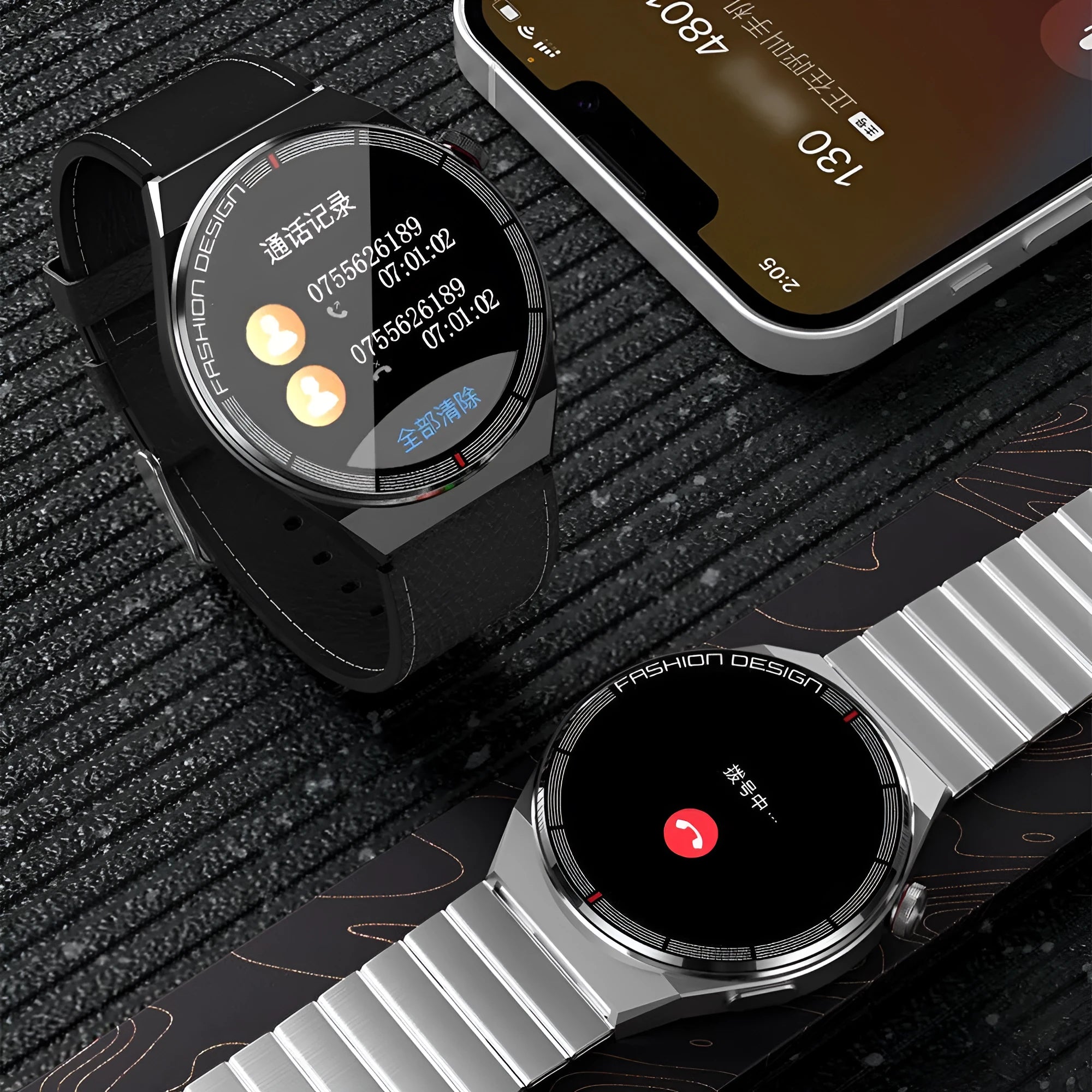 Black smartwatch with 46mm case on silicone strap showing heart rate monitoring display