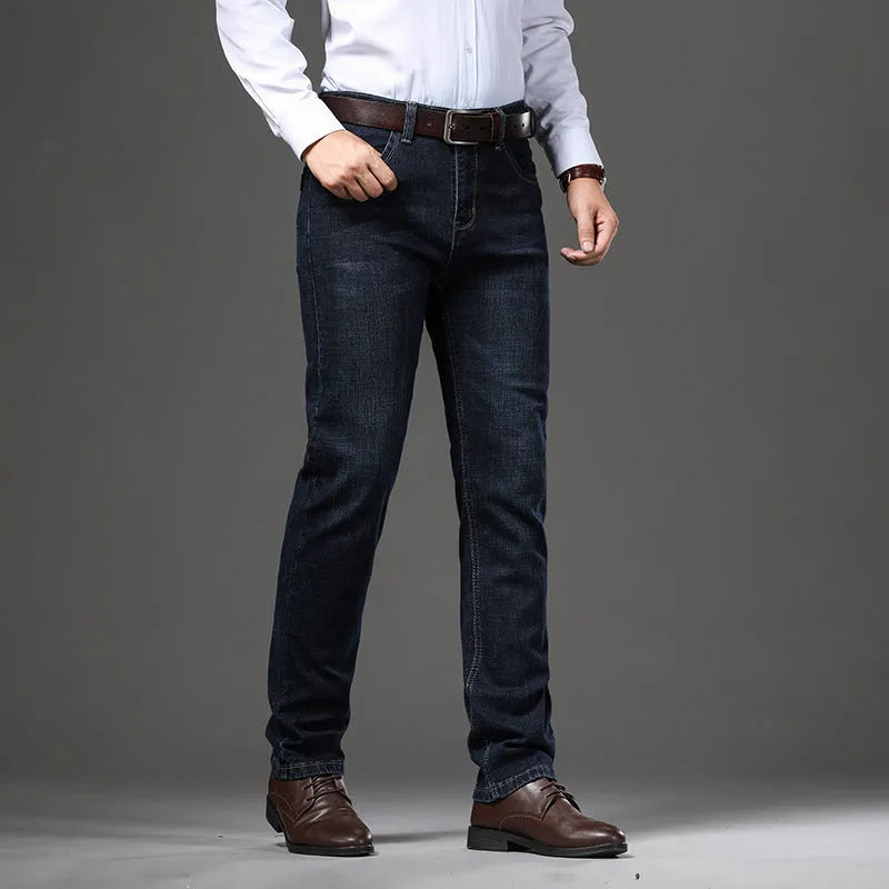 Stretch jeans in straight-leg trousers style showing black and blue denim options with mid-waist design